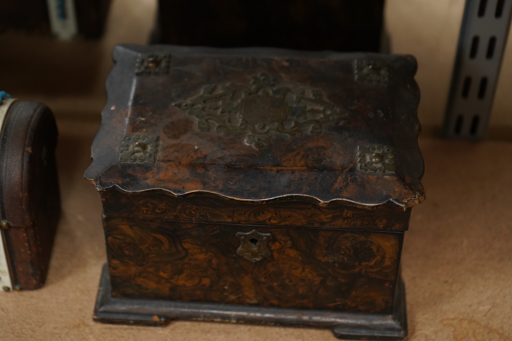 A 19th century brass mounted bayonet together with a tea caddy and a domed casket (a.f)